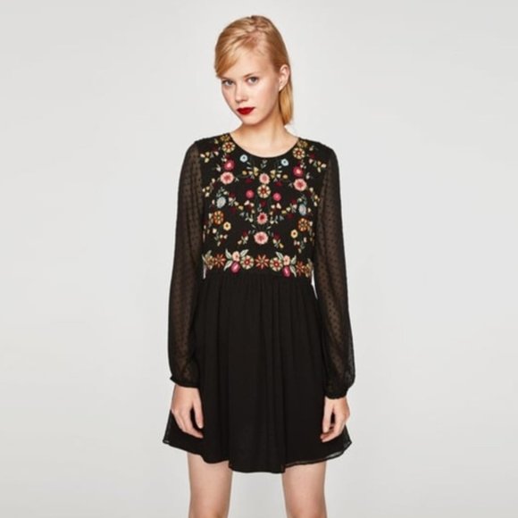 Zara | Dresses | Zara Long Sleeve Embroidered Dot Mesh Dress Black |  Poshmark